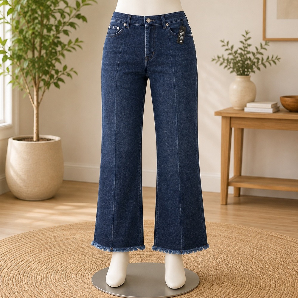 NWT Denim & Co Jeans Women 24WT Blue Frayed Hem Pintuck Straight Leg Tall